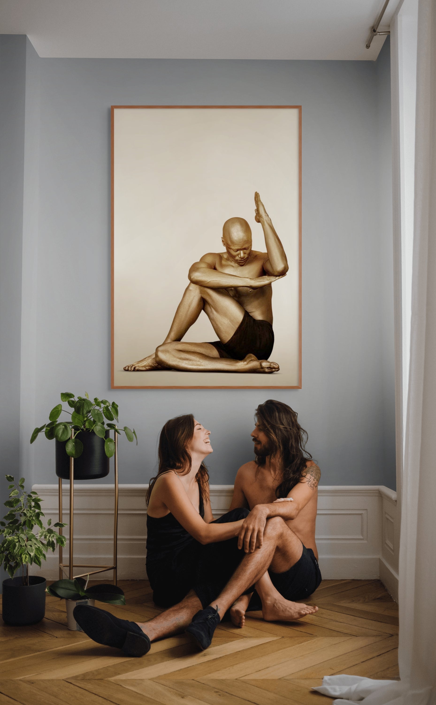 Golden-painted figure in an elegant yoga pose, fine art wall decor symbolizing strength, mindfulness, and inner peace. Perfect for yoga studios, wellness spaces, and luxury interiors.