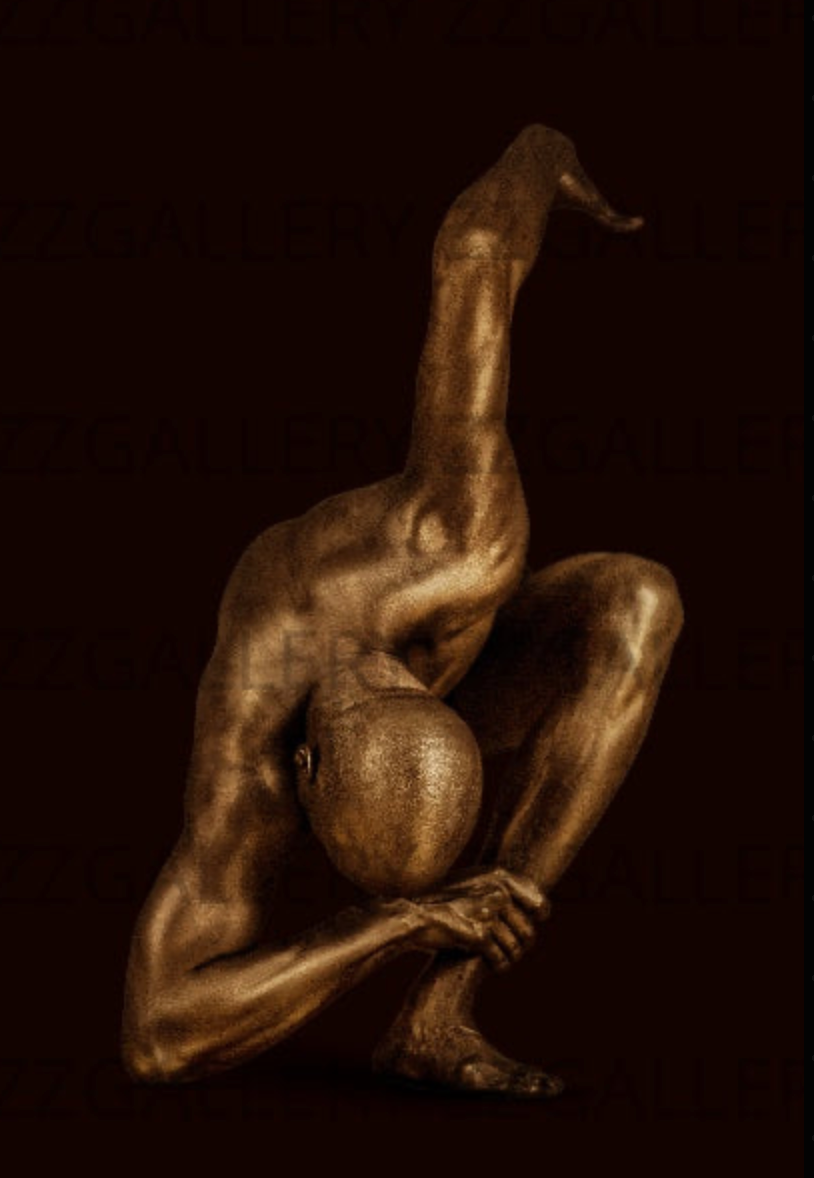 Golden nude male in a powerful sculptural pose, one leg raised and arms crossed, expressing strength, balance, and unity in motion