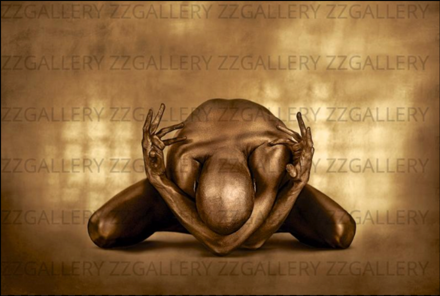 Golden nude yoga pose fine art photography – luxury gold wall art for meditation, wellness spaces, and modern interiors
