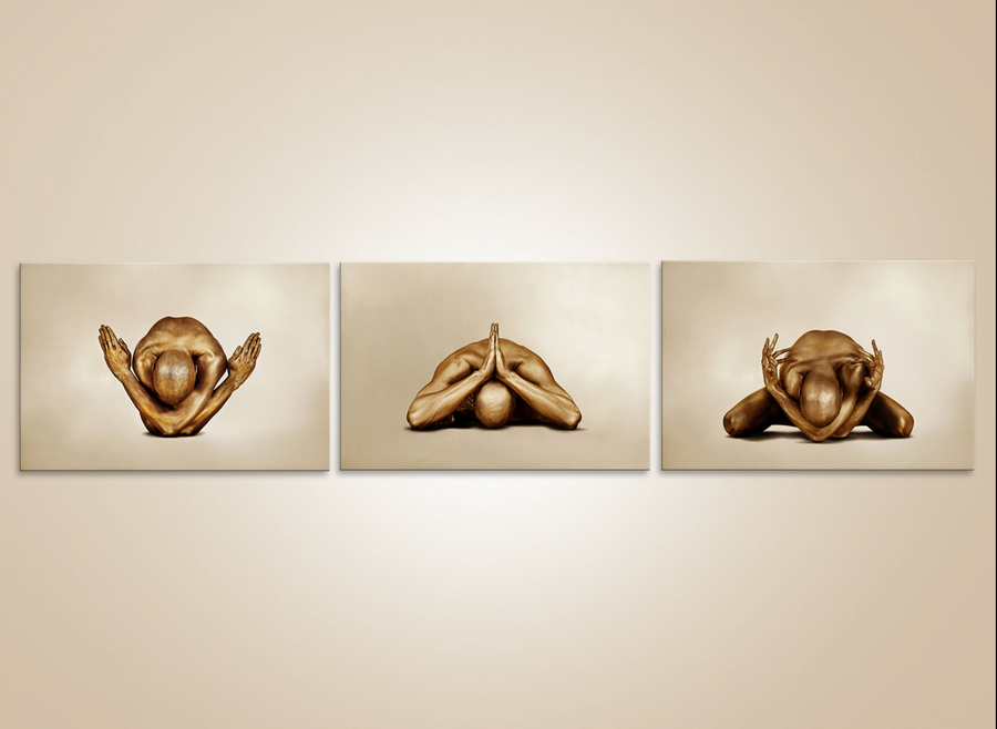 Golden yoga nude triptych, fine art photography of gold-p