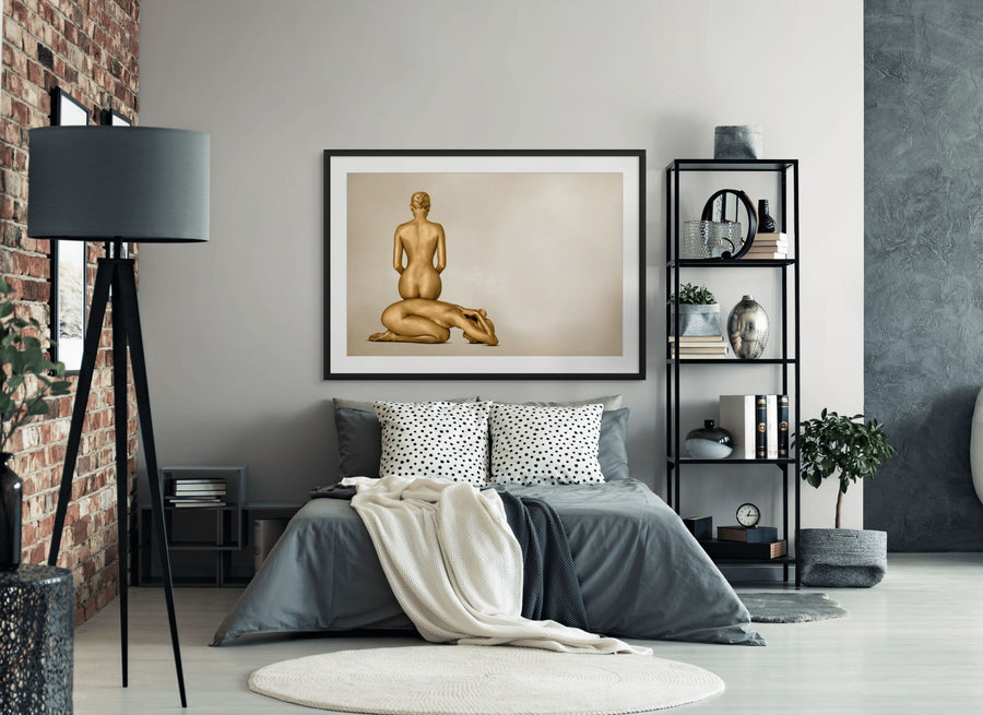 Golden-painted figures in a sculptural yoga pose, captured in a fine art photograph symbolizing harmony, balance, and strength. Perfect for luxury interiors, modern art collectors, wellness spaces, and meditation rooms.