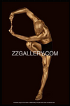 Golden-painted figure in dancer yoga pose on dark background – fine art nude photography by Zack Zublena, luxury wall art for meditation and wellness