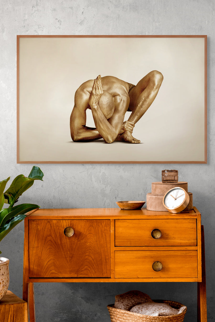 Golden-painted male figure in yoga Namaste pose, fine art wall decor for meditation rooms, yoga studios, spas, and luxury interiors.