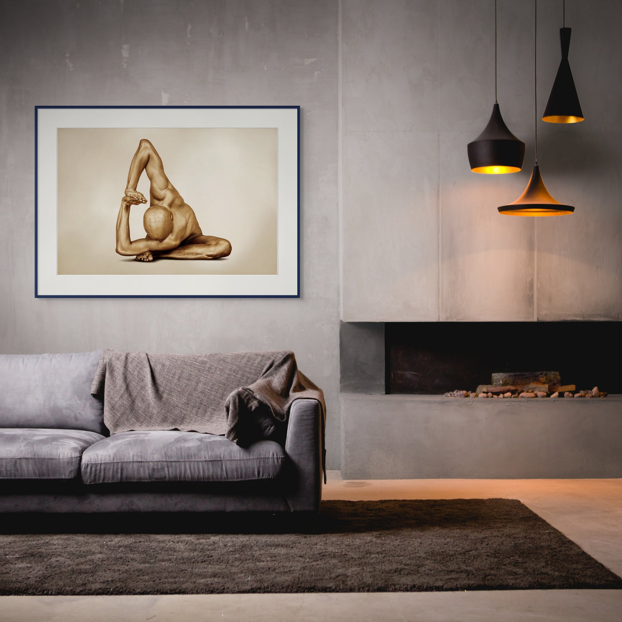 Golden-painted male figure in a deep yoga pose, symbolizing strength, flexibility, and mindfulness — fine art wall decor for meditation rooms, yoga studios, wellness spaces, and luxury contemporary interiors.