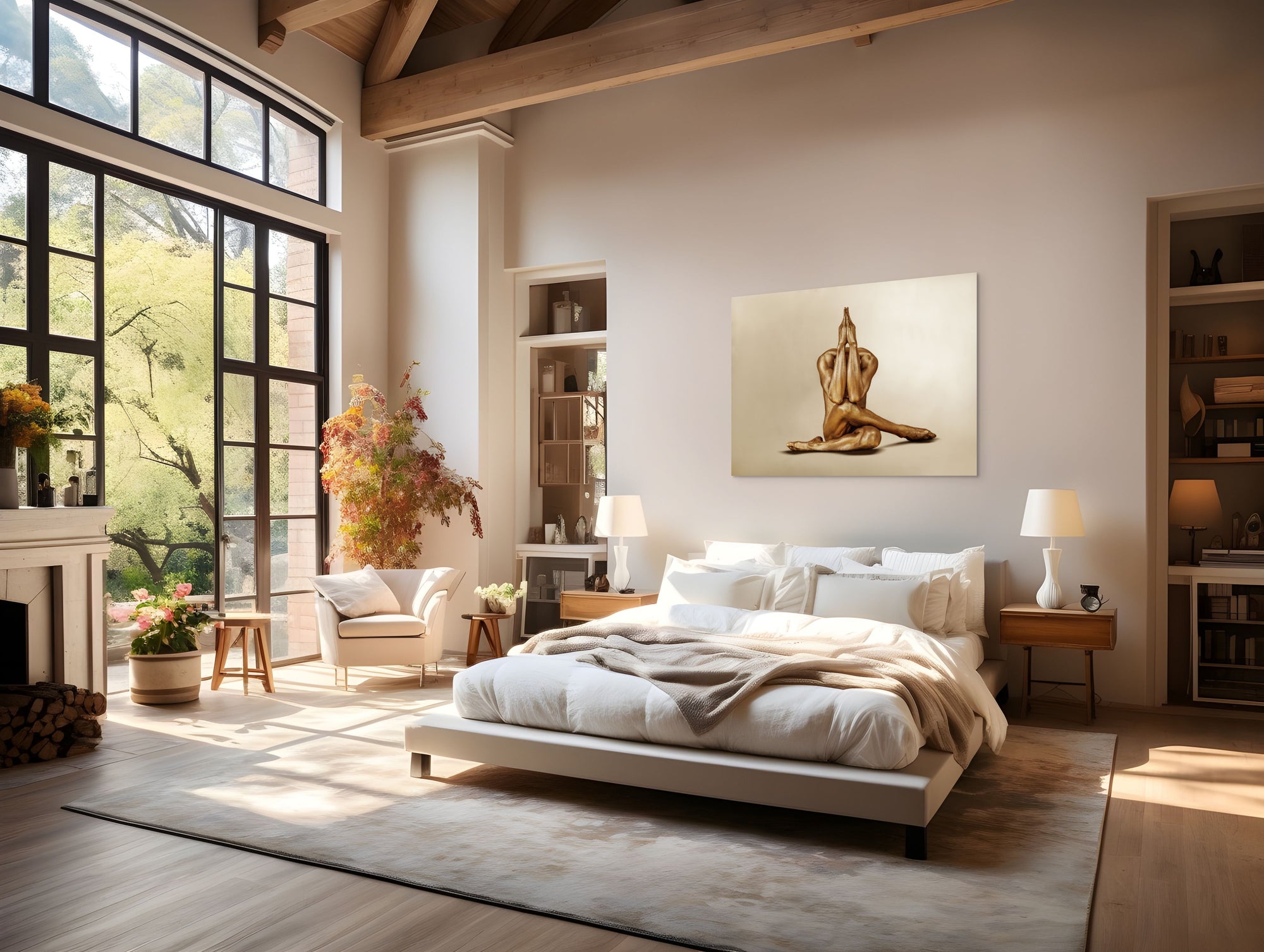 Golden-painted yogi in a yoga prayer pose by Zack Zublena, symbolizing balance, meditation, and inner calm through fine art photography.