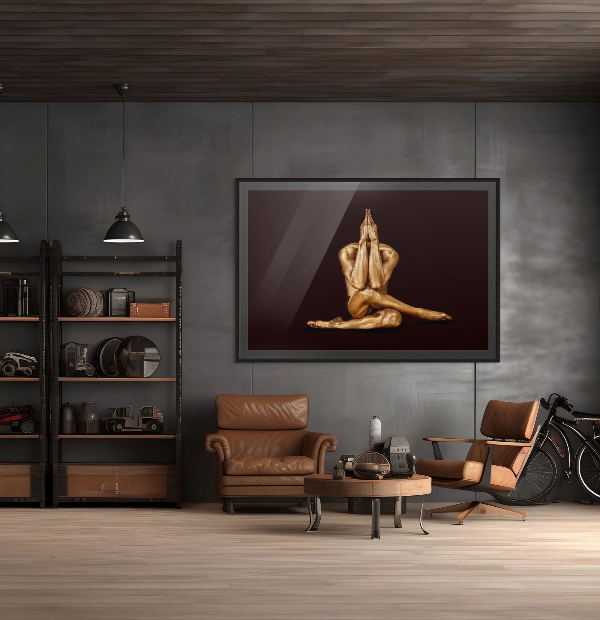 Golden male figure seated with legs crossed and arms extended upward in a prayer-like yoga pose, fine art photography against a deep dark backdrop.