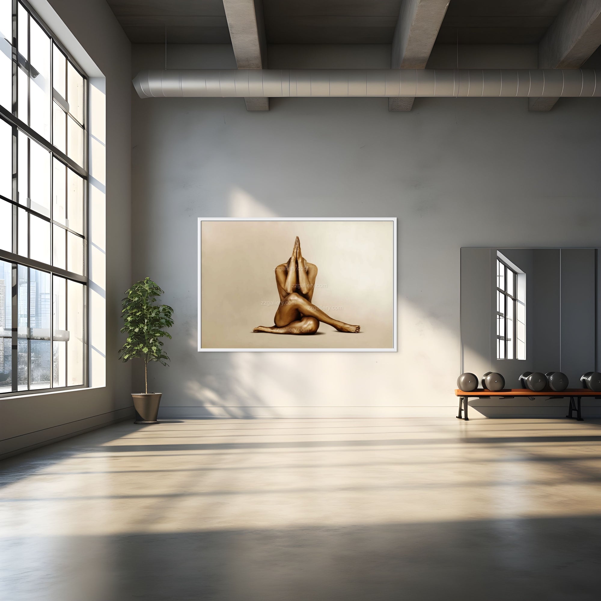 Golden silhouette yoga wall art by Zack Zublena featuring a figure in a meditative seated pose with hands pressed together, fine art photography for luxury interiors, wellness spaces, and modern studios.