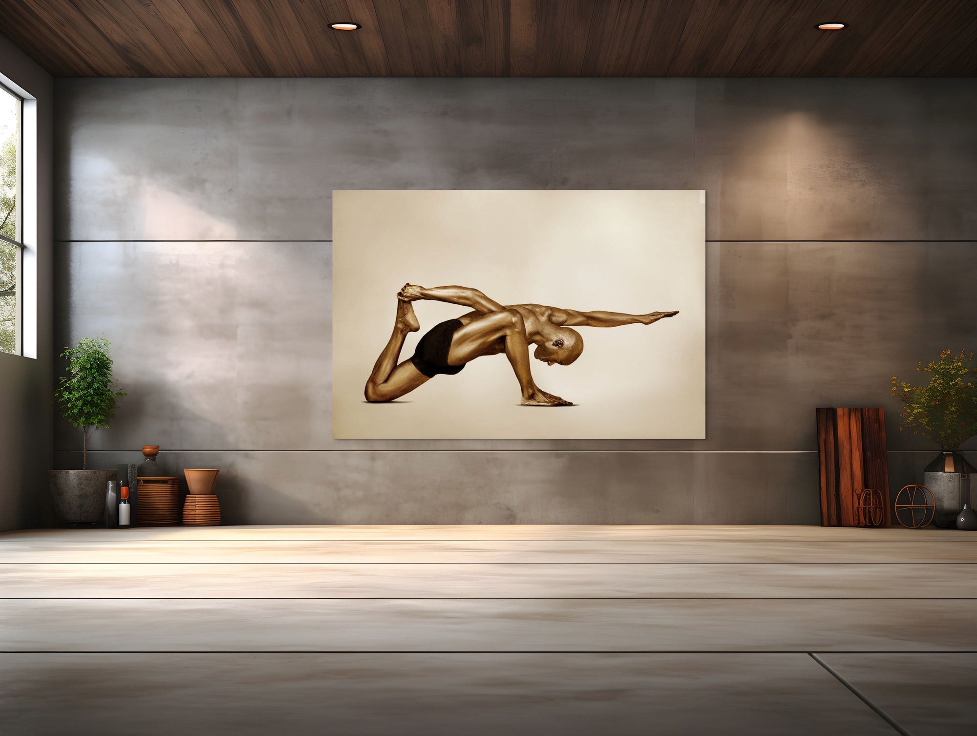 Golden-painted male figure in a powerful yoga balance pose by Zack Zublena, with one arm extended forward and the other gripping the foot, symbolizing strength, focus, and body-mind harmony.