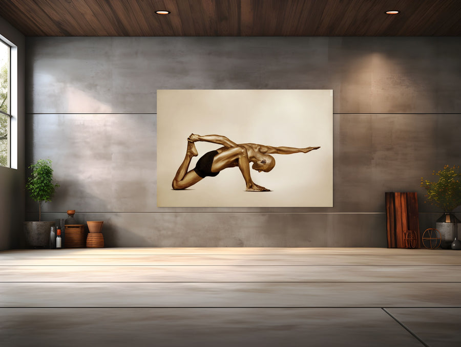 Golden-painted male figure in a powerful yoga balance pose by Zack Zublena, with one arm extended forward and the other gripping the foot, symbolizing strength, focus, and body-mind harmony.