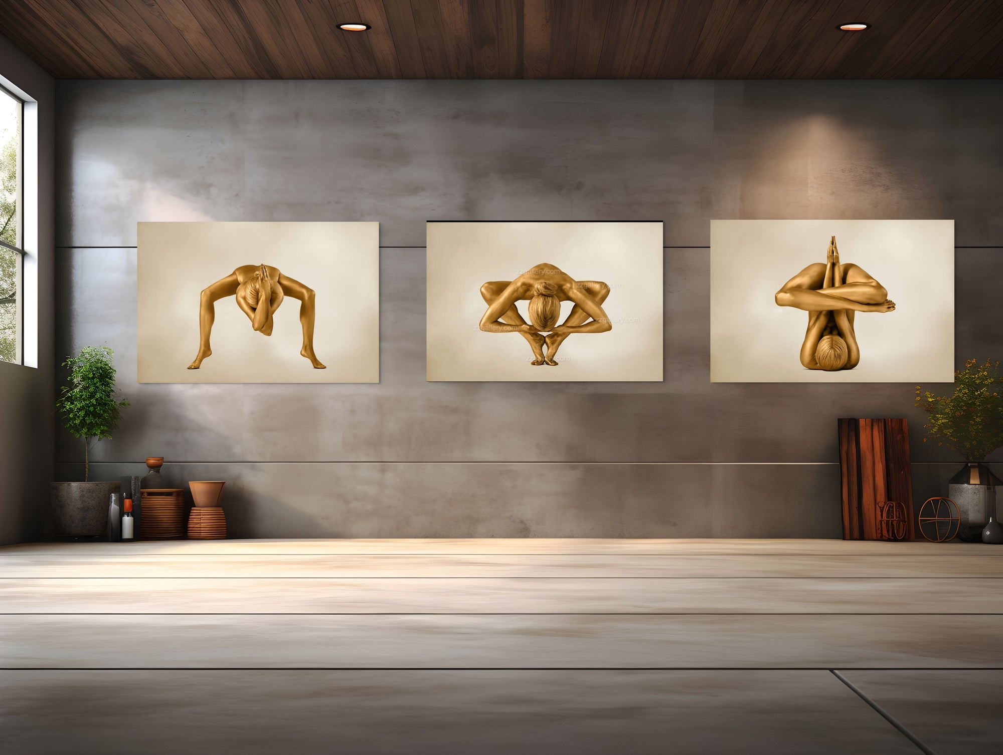Triptych of golden-painted yoga figures by Zack Zublena, featuring Divine Alignment, Rocket Launch, and Balance poses, celebrating strength, flexibility, and sacred geometry in fine art photography.