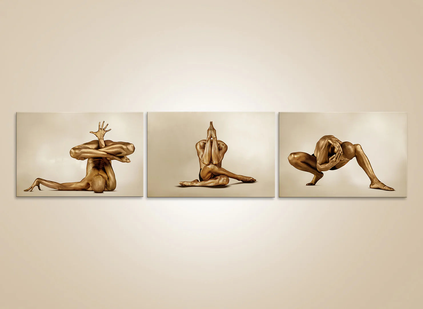 Golden yoga triptych with sculptural nude poses, luxury fine art photography for meditation and wellness spaces