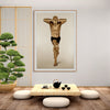 Golden-painted male figure in an elegant yoga balance pose, fine art photography displayed in a Japanese zen-style interior with bonsai and low tea table, perfect for wellness and meditation spaces.