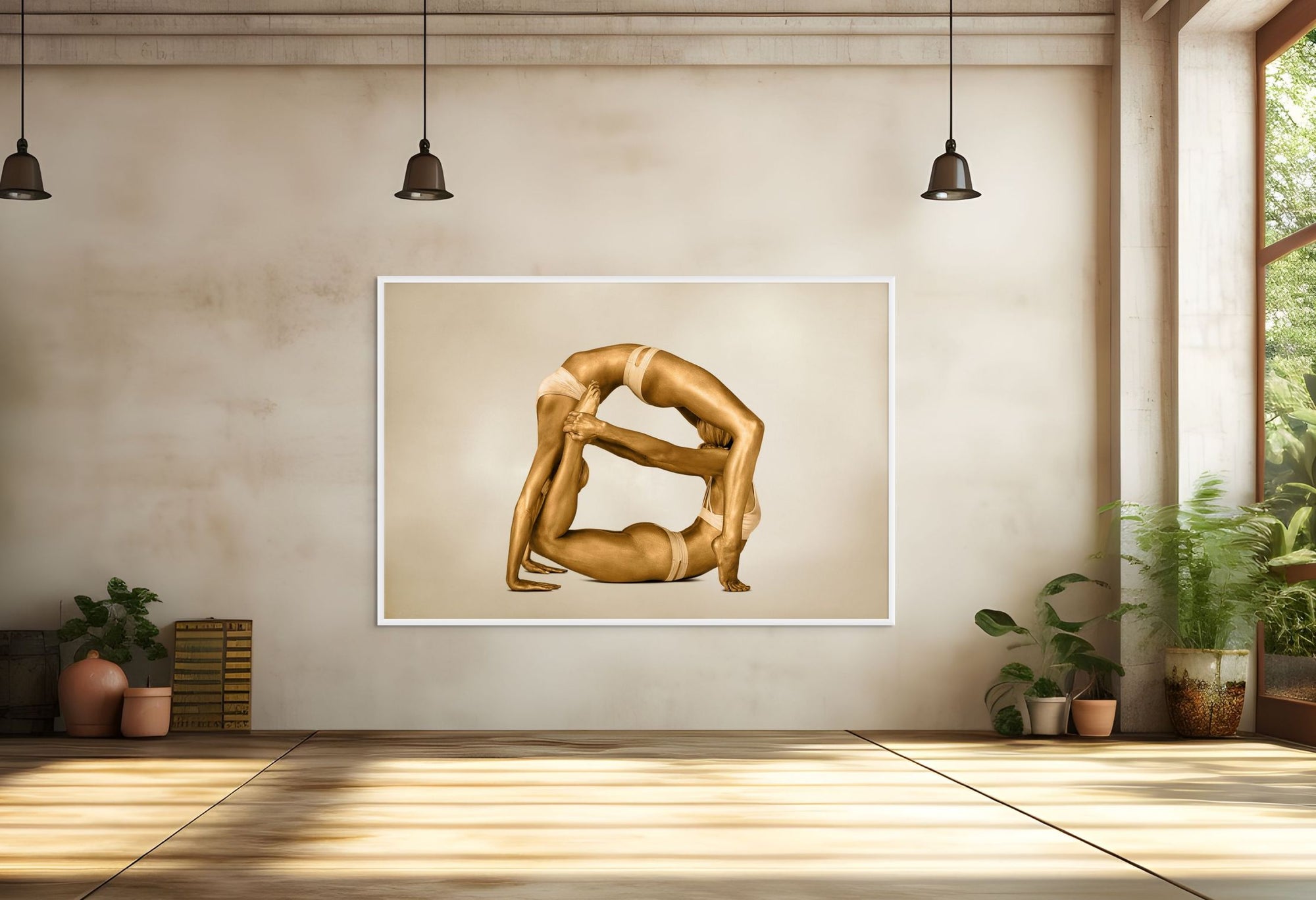 Golden yoga wheel pose fine art photography, symbolic wall art celebrating balance, unity, and harmony — luxury decor for wellness spaces, yoga studios, and contemporary interiors