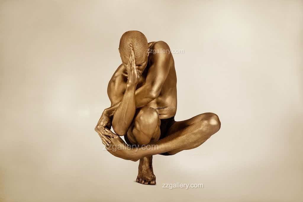 Golden yogi in a balanced posture, fine art wall decor capturing harmony and elegance. Ideal for meditation rooms, spas, wellness spaces, and modern interiors.