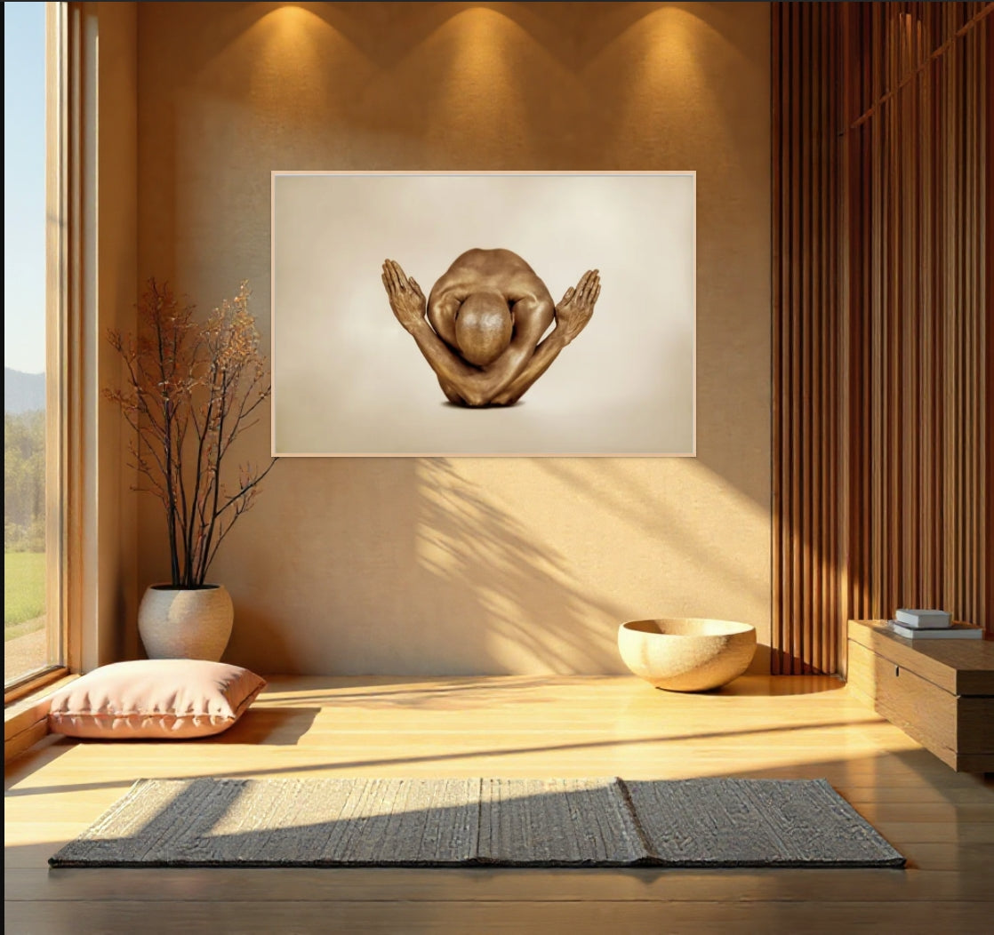 Golden-painted yogi figure in a bowing pose with arms crossed forward, symbolizing reverence and balance, contemporary fine art wall decor for meditation or spa interiors.