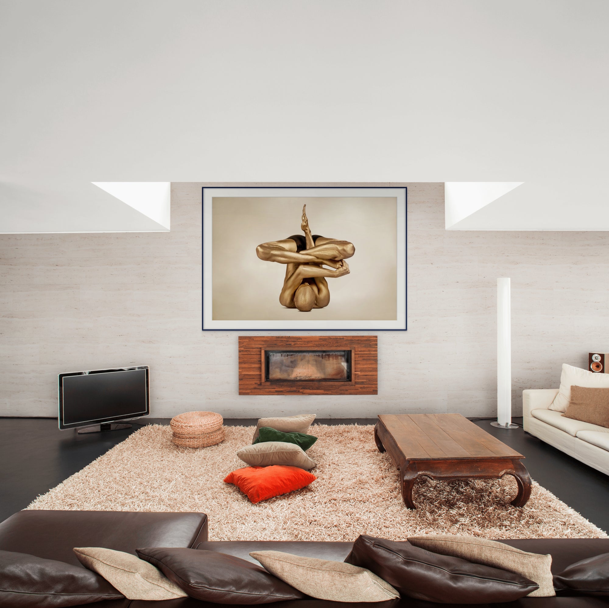 Golden-painted yoga figure in a complex yoga pose, arms and legs entwined, captured as contemporary fine art photography symbolizing transformation and emergence.