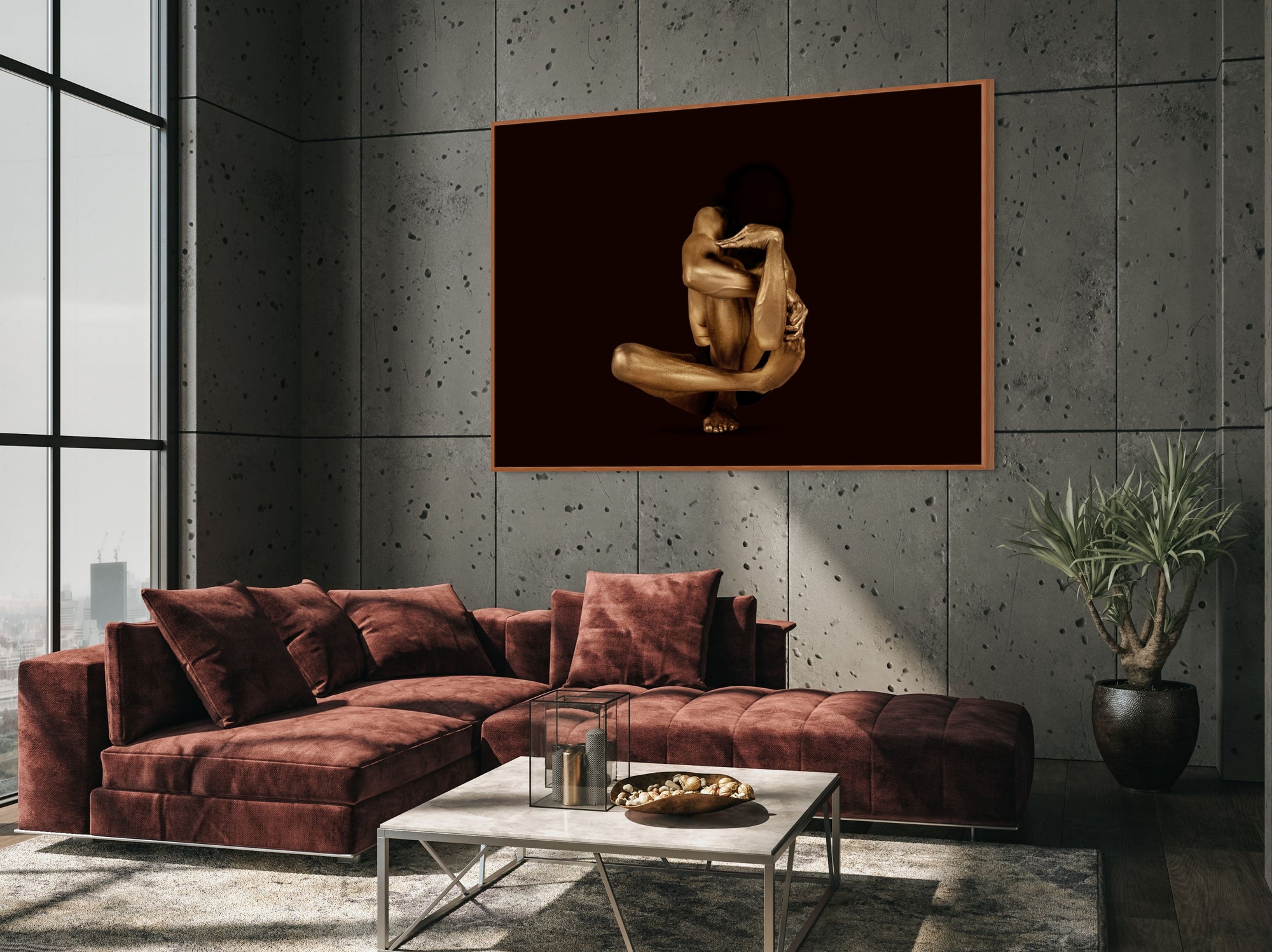 Golden-painted figure in a folded yogic pose against a deep dark background. Conceptual fine art photograph from Zack Zublena’s Vacuum State series, symbolizing ego dissolution and the void.