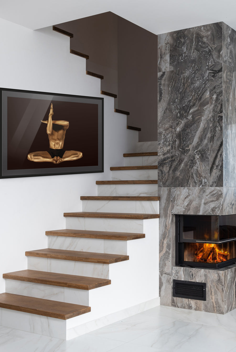 Golden-painted male figure in a seated meditation pose with arms raised, symbolizing ego dissolution and the vacuum state. Contemporary conceptual fine art by Zack Zublena.