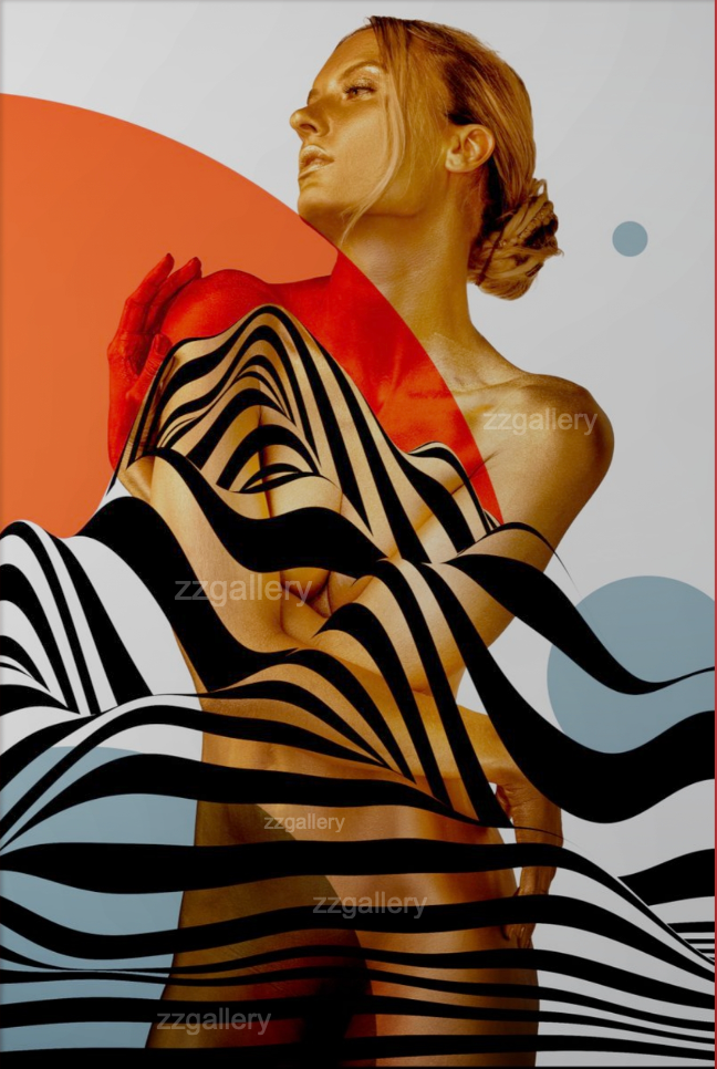 Golden-painted figure with zebra wave patterns and geometric shapes, contemporary fine art wall photography