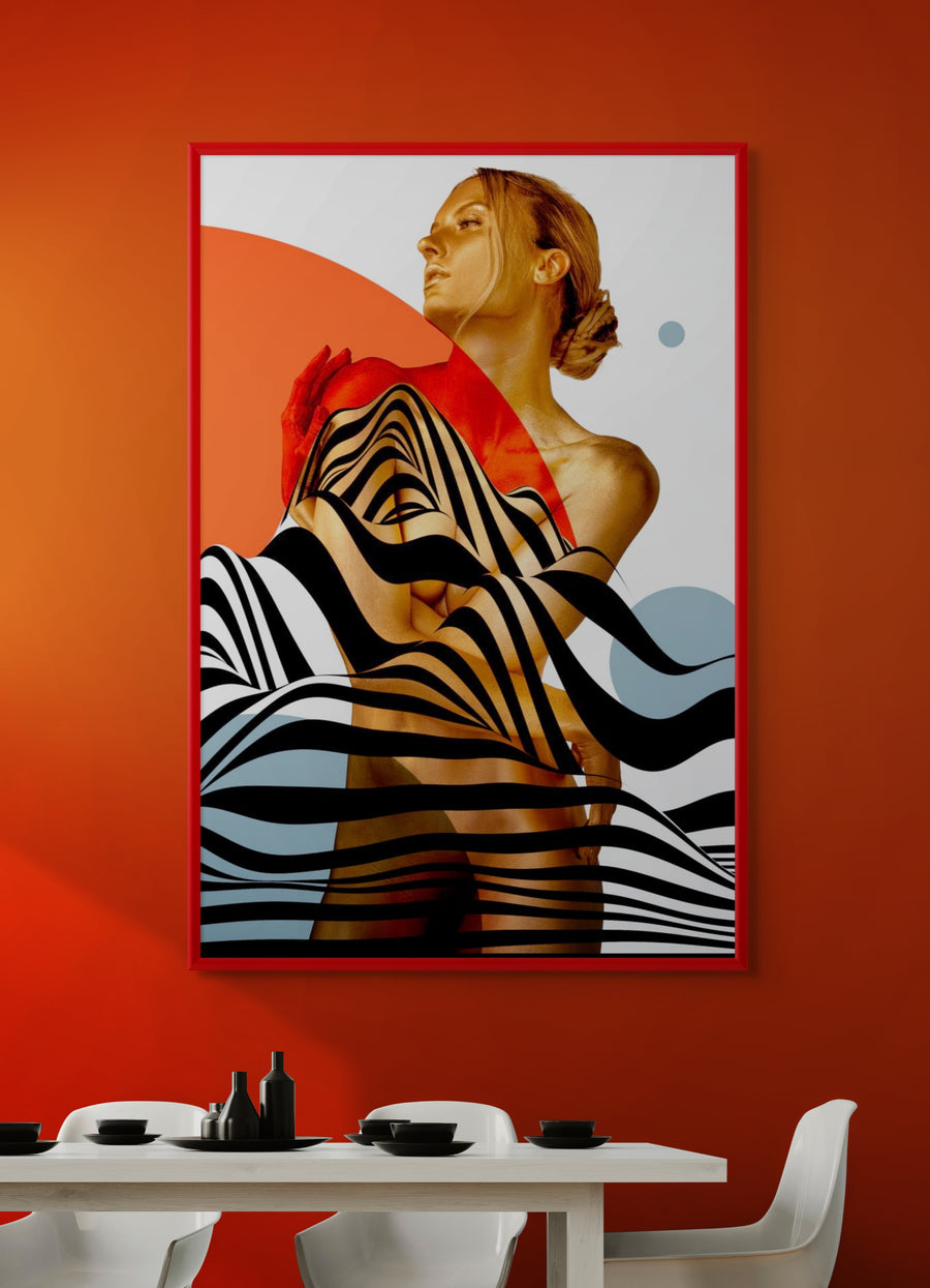 Golden-painted figure with zebra wave patterns and geometric shapes, contemporary fine art wall photography