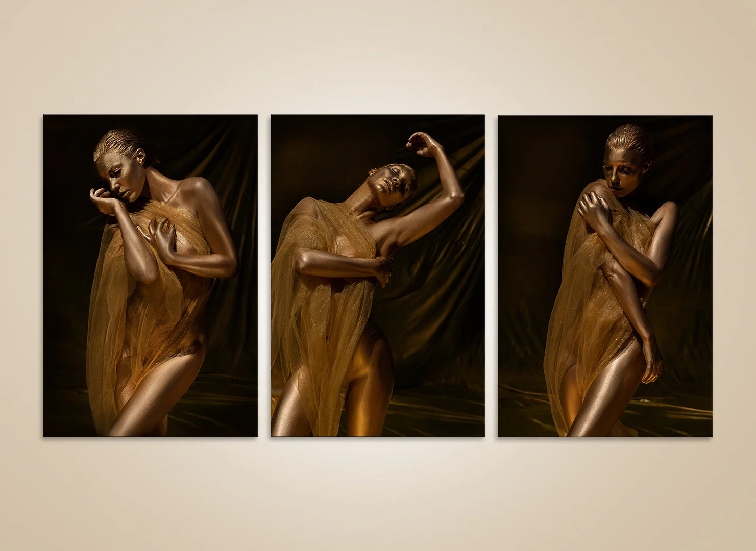Golden triptych photography with fabric draping – luxury fine art wall set for spas, collectors, and modern interiors.