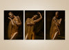 Golden nude triptych photography with fabric draping – luxury fine art wall set for spas, collectors, and modern interiors.