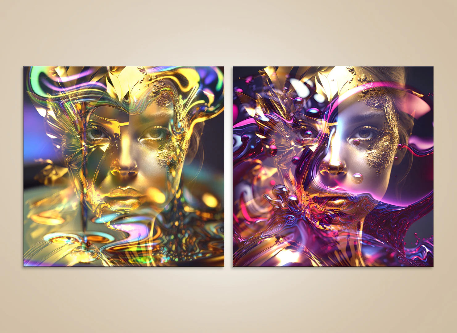 Gorgeous golden galaxy goddess portraits – futuristic female model fine art photography set with cosmic surreal light and luxury wall art design.
