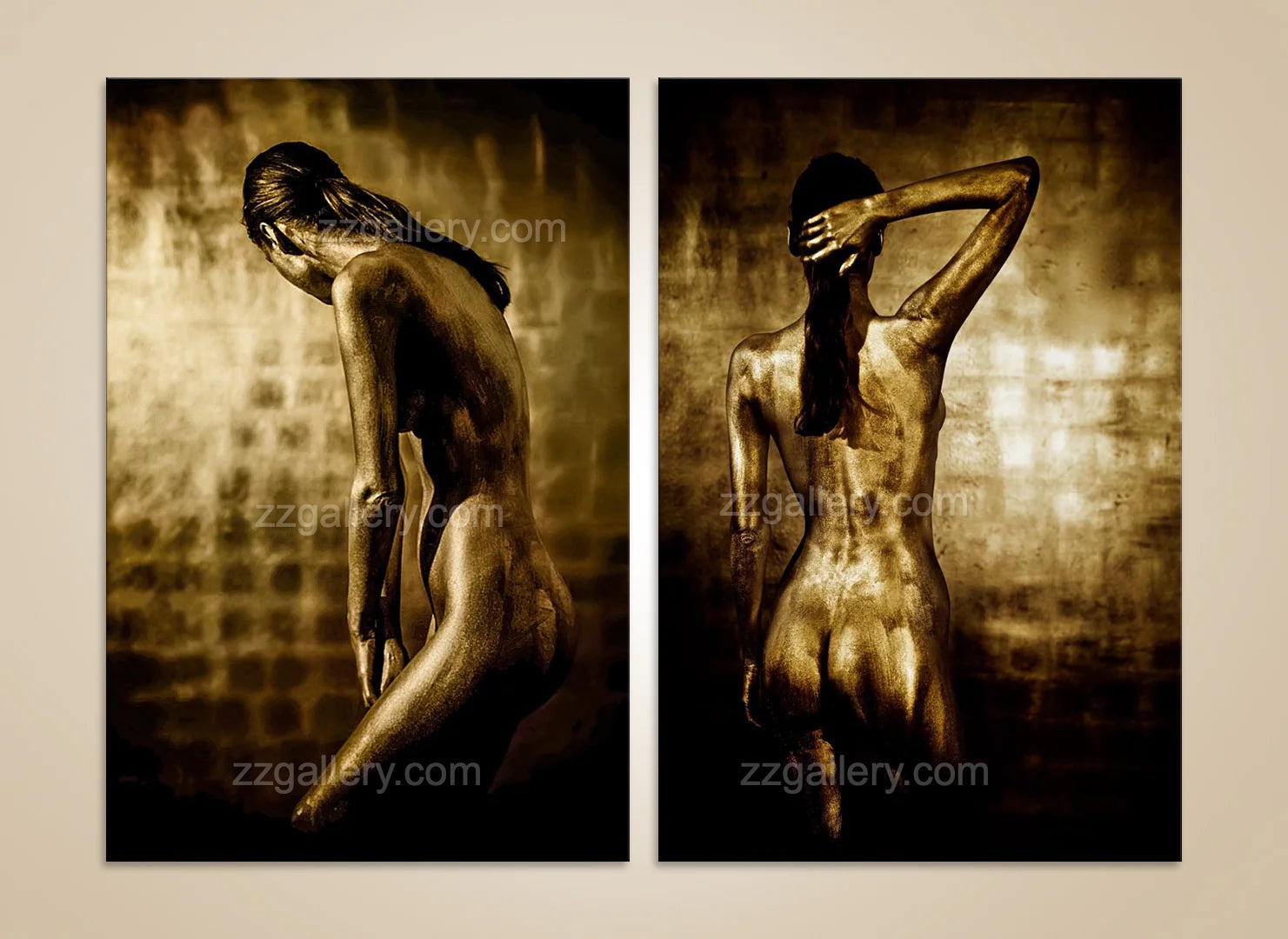 Gorgeous golden figure diptych wall art – fine art photography in luminous gold tones, a luxury collectible artwork for interiors and art collectors.