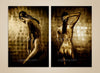 Gorgeous golden nude female model diptych wall art – fine art photography of gorgeous woman painted in gold for luxury interiors and art collectors.