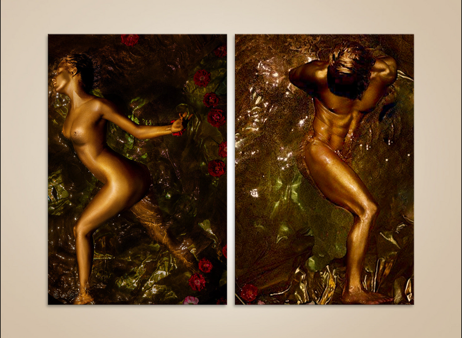 Gorgeous golden nude female model diptych wall art – luxury fine art photography of gorgeous woman painted in gold with roses in water.