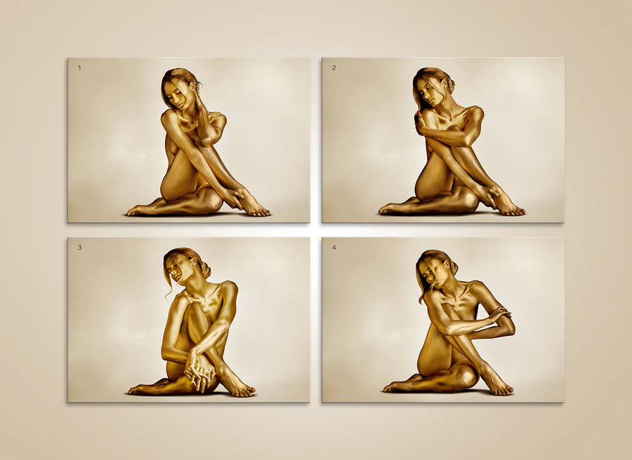Gorgeous golden nude female model quartet wall art – fine art photography of gorgeous woman painted in gold for luxury interiors and collectors.