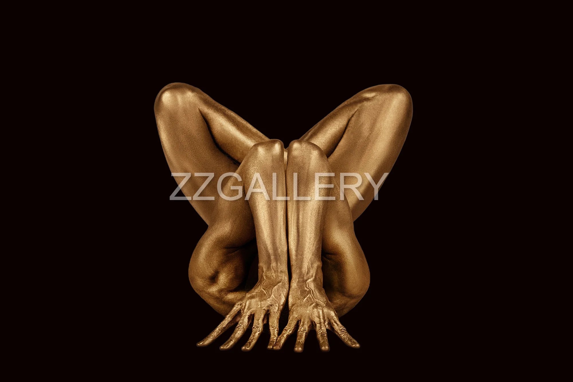 Golden conceptual yoga pose with symmetrical limbs – spiritual quantum art by Zack Zublena
