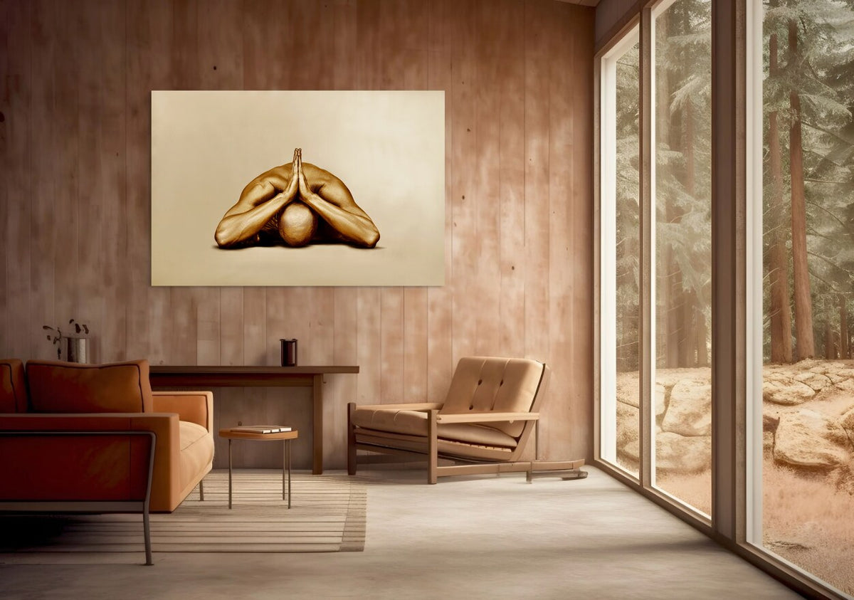 Gold-painted figure in a forward prayer yoga pose, wall art in a cozy wooden cabin interior.