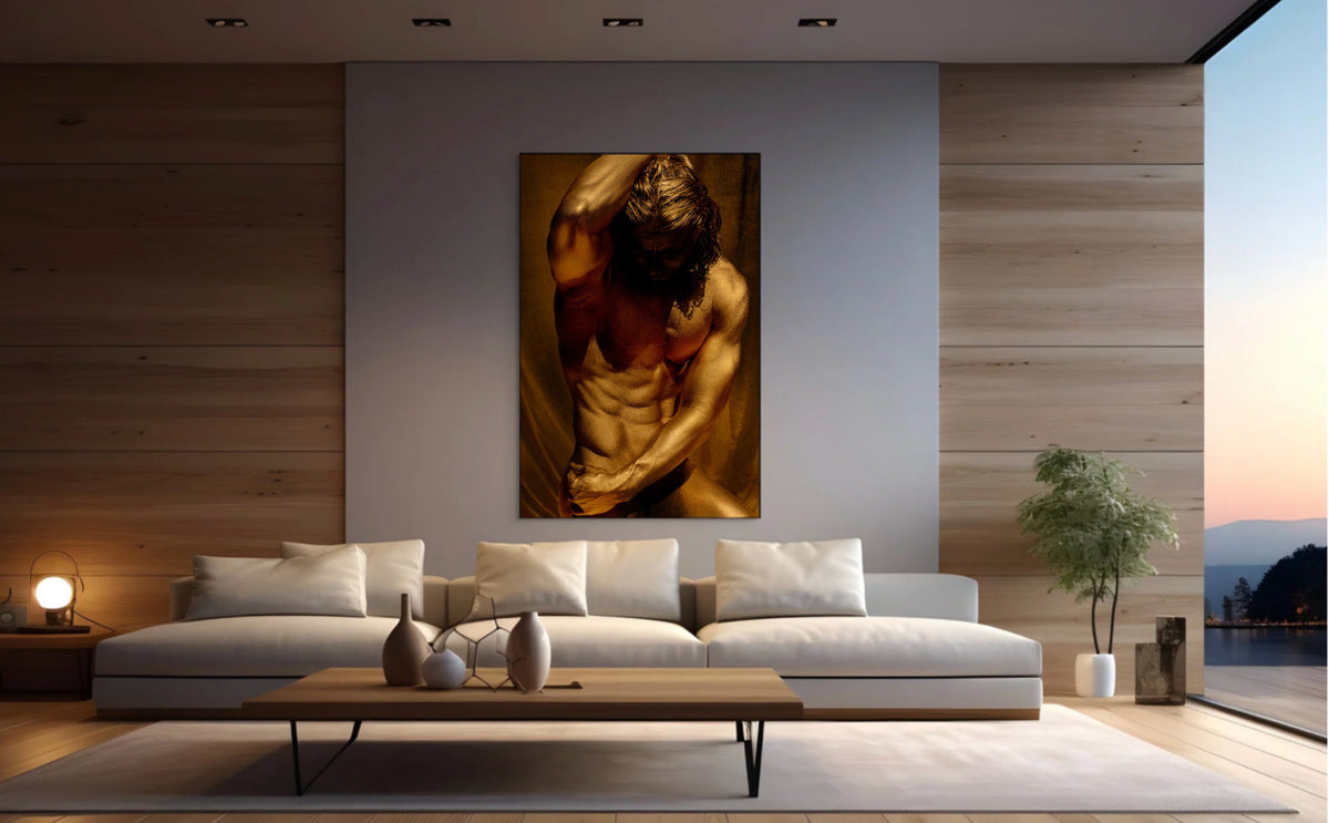 Golden-painted sculptural figure artwork by Zack Zublena, contemporary fine art photography symbolizing strength, resilience, and sacred presence in luxury wall décor.