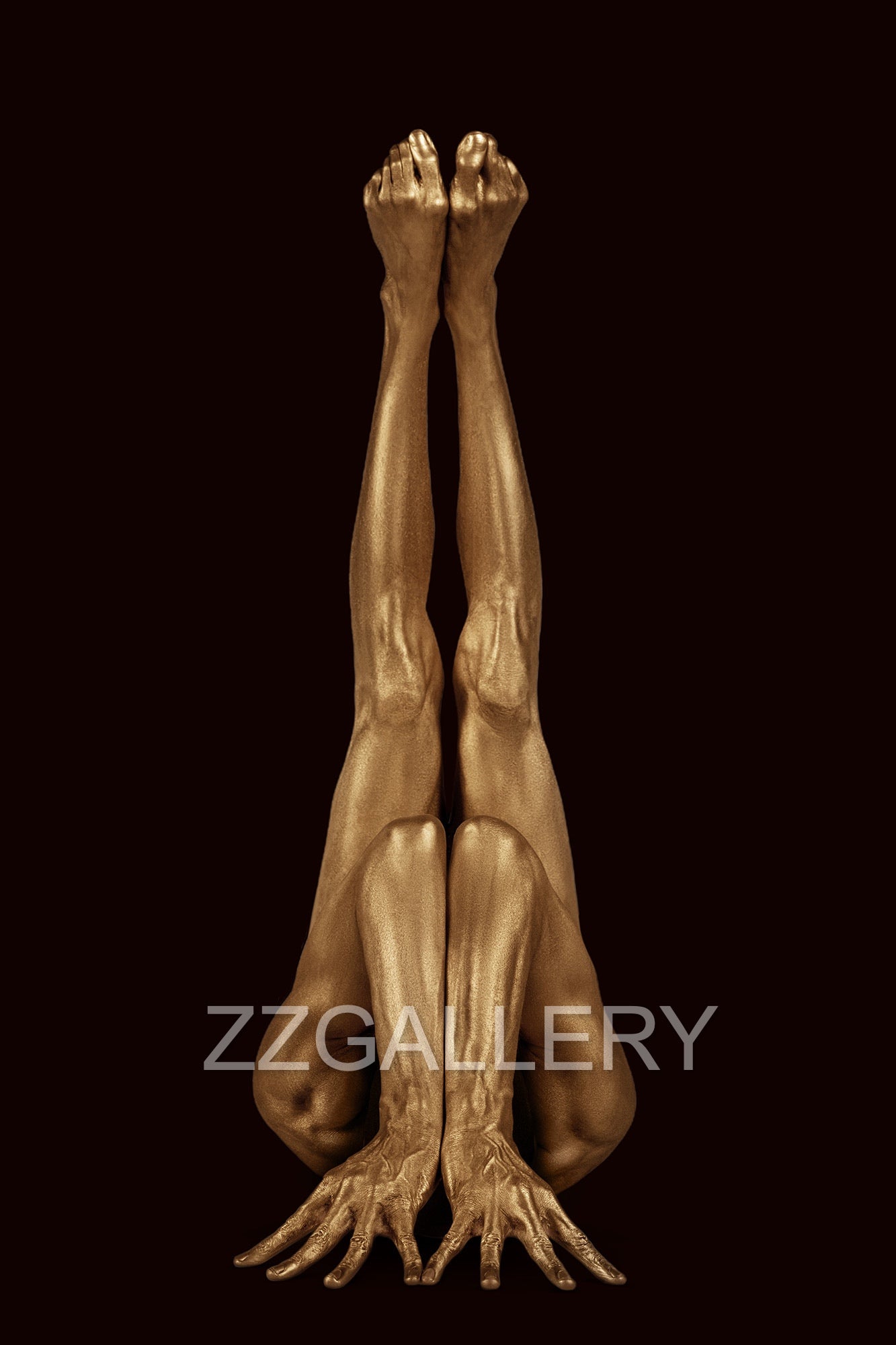 Gold-painted figure in an inverted skyward pose, conceptual fine art photography by Zack Zublena from the Vacuum State collection, minimalist modern wall art.