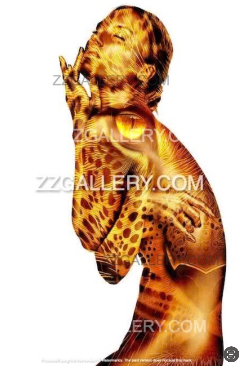 Golden-painted nude woman merged with jaguar spirit – mystical surreal fine art by Zack Zublena
