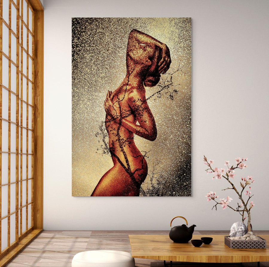 Surreal golden nude artwork with Japanese tree blossoms, elegant fine art wall decor for spas, tea rooms, and luxury interiors by Zack Zublena.