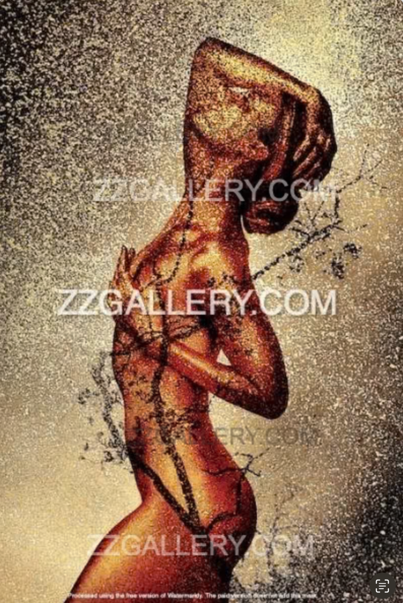 Kintsugi Japanese-inspired gold nude female body painting with tree branches by Zack Zublena