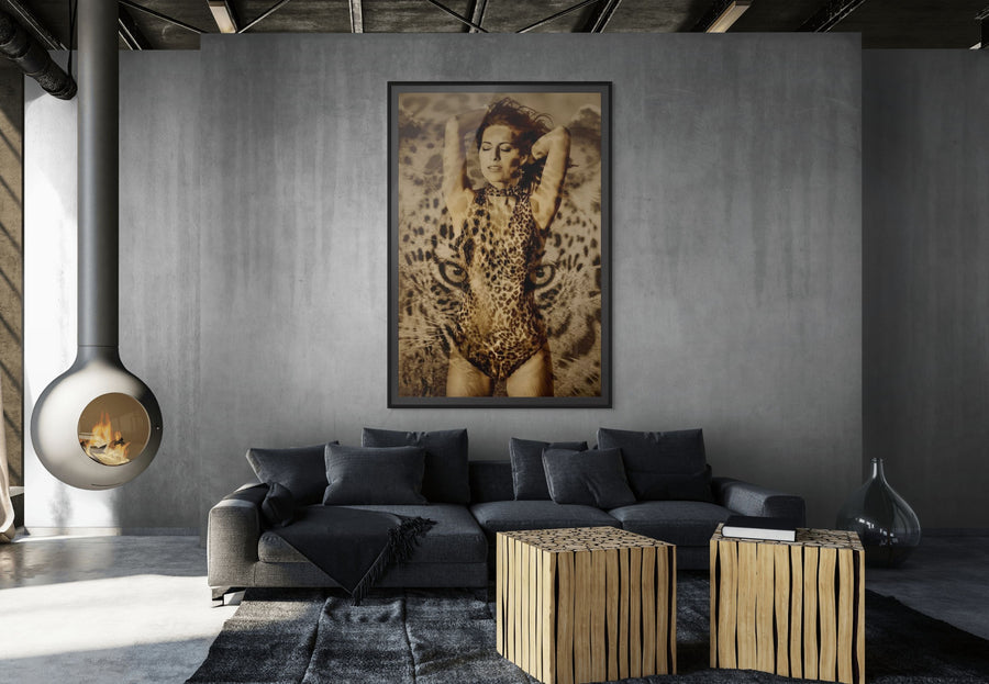 Golden silhouette blended with leopard face in fine art print – contemporary wildlife-inspired wall decor