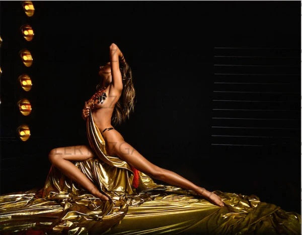 Sexy gold cabaret nude wall art inspired by Lido and Crazy Horse dancers, fine art photography with golden fabric.