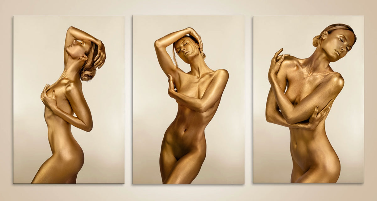 Golden triptych artwork on museum-grade paper, designed for luxury hotels, spas, collectors, and contemporary interiors.