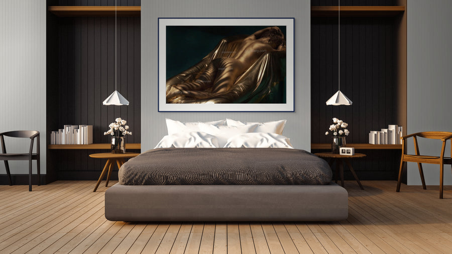 
Luxury bedroom interior with a contemporary framed gold fine art photography print by Zack Zublena, displayed above a modern bed with pendant lamps and elegant wood accents.