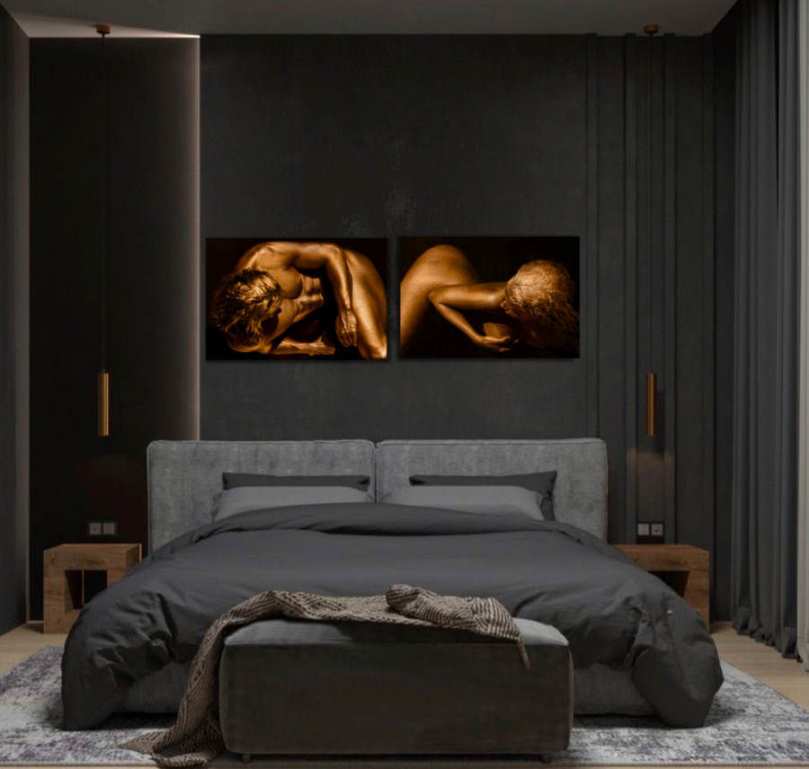 Golden male and female nude diptych, fine art photography in gold for luxury bedroom wall decor
