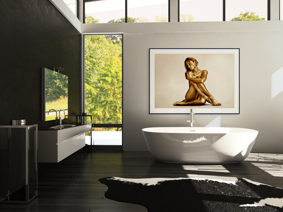Golden-painted figure seated gracefully with crossed legs and arms, exuding elegance and serenity — luxury fine art wall décor for spa, wellness, or interior design.