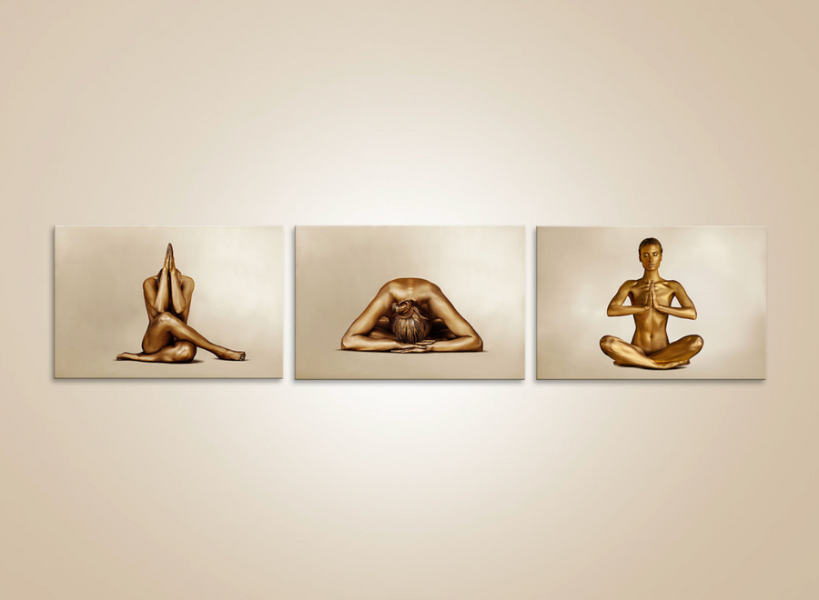 Golden female nude in yoga meditation poses triptych, luxury fine art print for spas, wellness resorts, collectors, and LGBTQ interiors