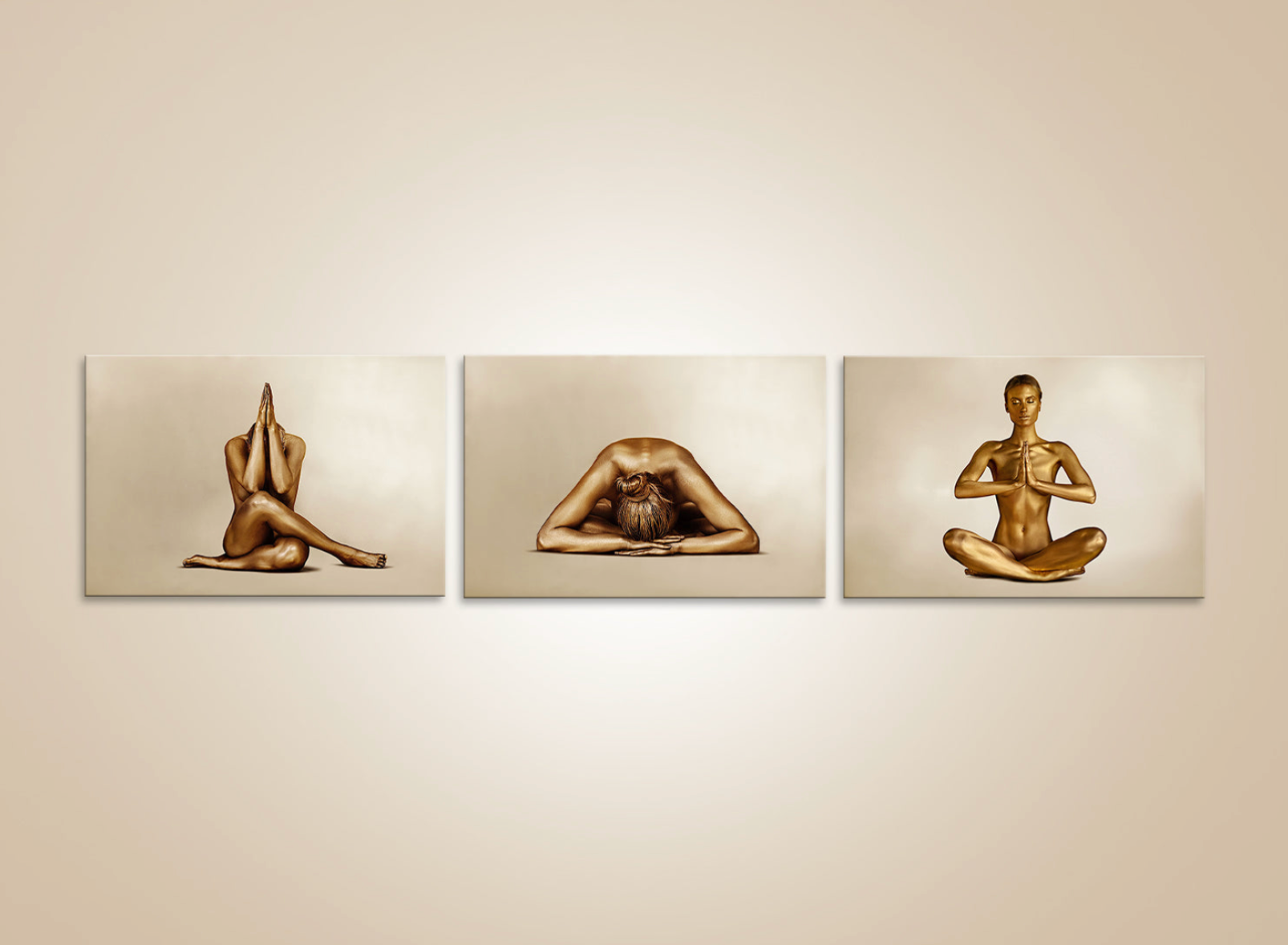 Golden-painted figure in yoga meditation poses triptych, luxury fine art print for spas, wellness resorts, collectors, and modern interiors.