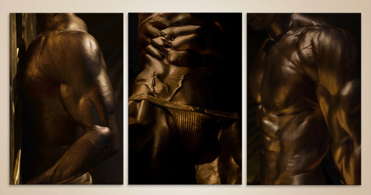 Luxury golden male torso triptych fine art print on museum paper, sculptural bodybuilder wall art for hotels, spas, collectors, and LGBTQ+ interiors.