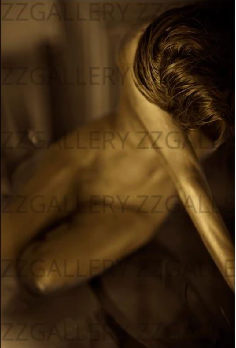 Golden woman with stunning hair, contemporary fine art photography, luxury gold body painting wall art in the style of Saatchi Art, Singulart, 1stdibs, and Etsy