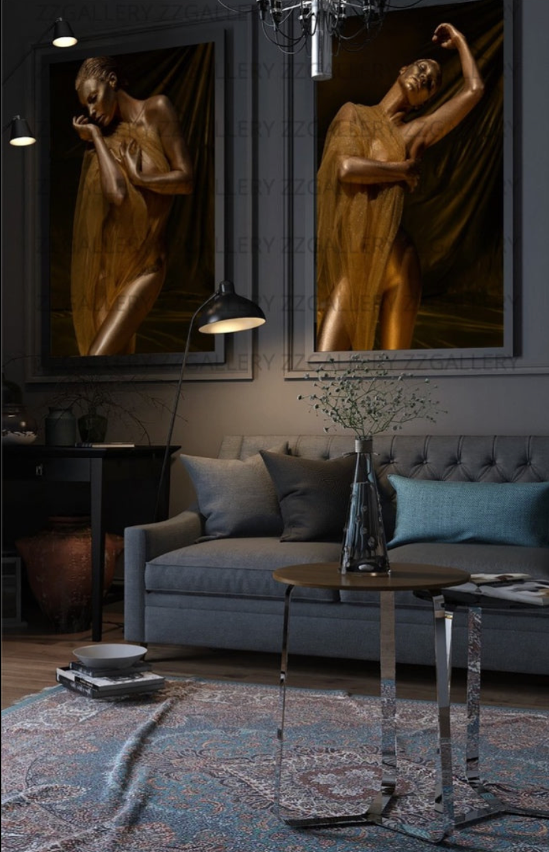Elegant interior with golden draped figures fine art photography, wall art designed for boutique hotel and spa settings.