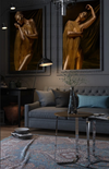 Elegant living room interior with golden draped nude fine art photography by Zack Zublena – luxury wall art for boutique hotels and spas
